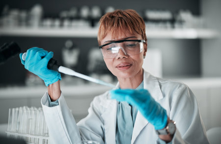 Scientist, black woman and pipette for dna blood engineering, medicine pharmacy or medical science research. Study, dropper or equipment in healthcare analytics test or future vaccine innovationの写真素材