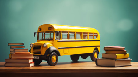 Yellow school bus and books on green copyspace backgroundの素材