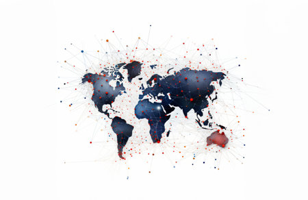 Global social network future world map on dark copyspace background. Internet communication conceptの素材