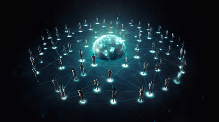 Global social network world on dark copyspace background. Connected people communication technologyの素材