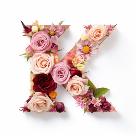 Colorful alphabet capital letter K made with flowers. Spring summer flower font.の素材