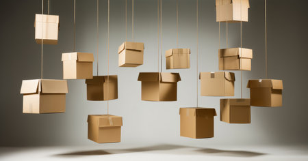 Online delivery and shipping service concept with hanging cardboard package boxesの素材