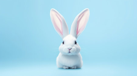 White bunny on blue copyspace background in studio. Festive Easter conceptの素材