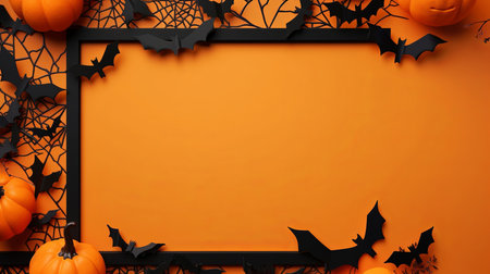 Halloween party greeting card mockup with bats and pumbkins on orange copyspace backgroundの素材
