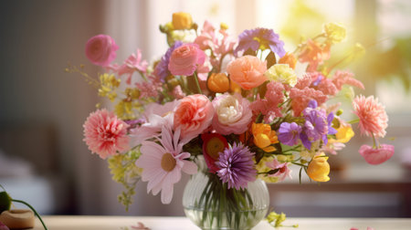 Bouquet of spring flowers and copy-space background. Mockup for spring, celebration and valentine.の素材