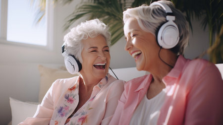 Senior couple listen to music with headphones on vacation on sunny day, beach vacation or retirementの素材