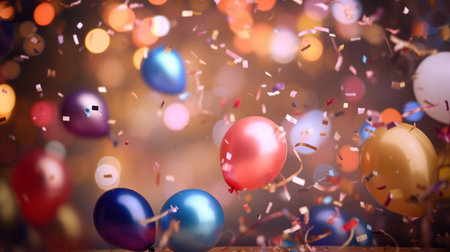 New Year celebration Festive background with falling confetti, balloons and bokeh lights.の素材