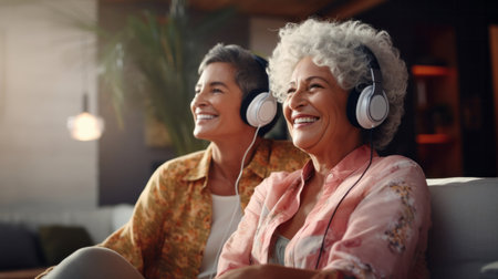 Senior couple listen to music with headphones on vacation on sunny day, beach vacation or retirementの素材