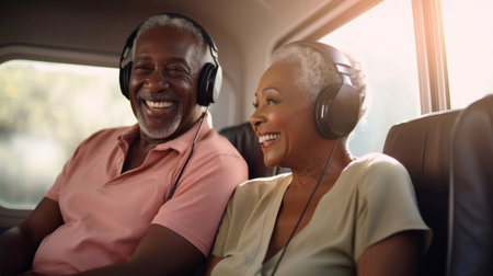 Senior couple listen to music with headphones on vacation on sunny day, beach vacation or retirementの素材