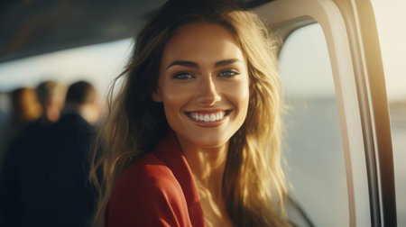 Woman in airplane window seat looking at camera while traveling. Easy lifestyle conceptの素材