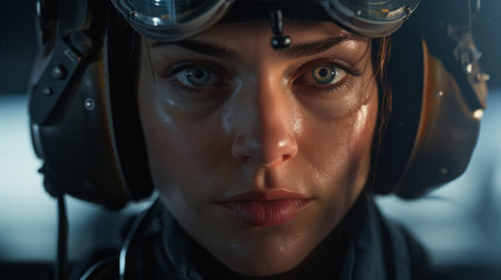 Smiling female pilot with headset ready for takeoff. Confident safe airforce conceptの素材