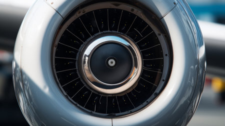 Closeup of airplane jet engine. Rotating blades part of airplane travel conceptの素材
