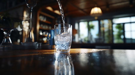 Close up of pouring purified water in glass. Fresh spring mineral water for hydration.の素材