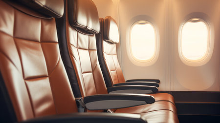 Empty window airplane seats in cabin. Retro aircraft brown leather interior, luxury travel conceptの素材
