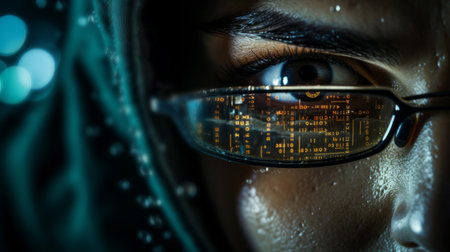 Close up of eye with digital code.Hacker, cyber security, programming.の素材