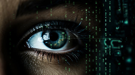 Close up of eye with digital code.Hacker, cyber security, programming background.の素材