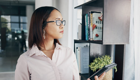 Woman in office with glasses, tablet and thinking of email, HR schedule and online report feedback....