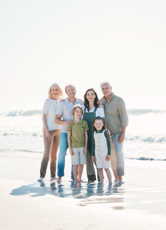 Happy, beach and portrait of family generations together on vacation, holiday or tropical weekend trip. Smile, travel and children with parents and grandparents bonding by the ocean in Australia.の写真素材