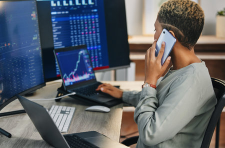 Business woman, phone call and trading on stock market in consulting, online advice or discussion at...