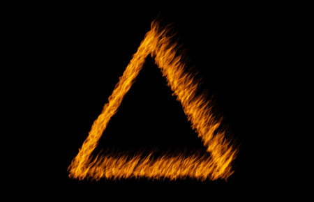 Triangle flame, heat and light on black background with texture, pattern and burning energy sign. Fire, fuel and flare isolated on dark wallpaper design, explosion at bonfire or thermal power symbol.の写真素材