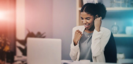 Business, woman and celebration for winning on laptop or bonus, promotion or prize for achievement in work, deal or challenge. Wow, surprise or happy employee excited for online feedback and successの写真素材