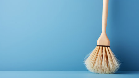 Wooden brush on blue. Clean home and kitchen copyspace backgroundの素材