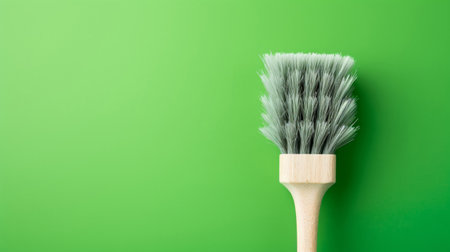 Wooden brush on green. Clean home and kitchen copyspace backgroundの素材