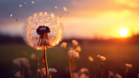 Dandelion seeds blowing in the wind. Change, growth, movement and direction conceptの素材