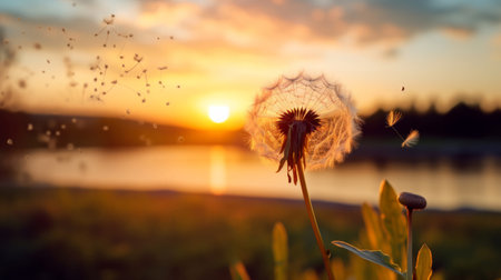 Dandelion seeds blowing in the wind. Change, growth, movement and direction conceptの素材