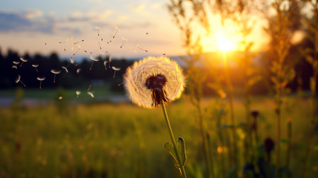 Dandelion seeds blowing in the wind. Change, growth, movement and direction conceptの素材