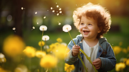 Boy with dandelions in a sunny flower meadow. Seasonal outdoor activities for childrenの素材
