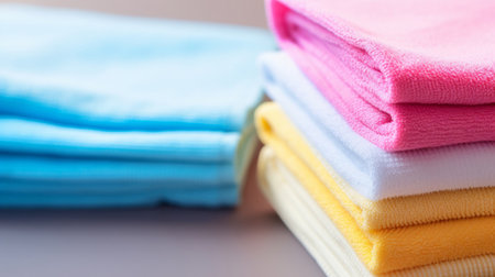 Stack of colorful folded clothing items. Clean laundry copyspace backgroundの素材