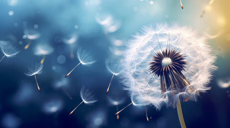 Dandelion seeds blowing in the wind. Change, growth, movement and direction conceptの素材
