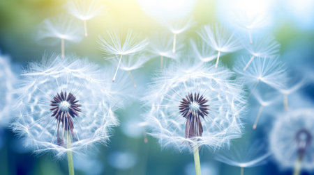 Dandelion seeds blowing in the wind. Change, growth, movement and direction conceptの素材