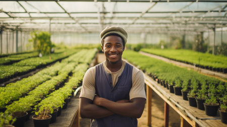 Portrait of young african male farmer or small business owner at plant nurseryの素材