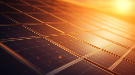 Solar panel close-up view and panel cells. Clean energy, renewable energy conceptの素材