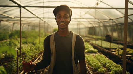 Portrait of young african male farmer or small business owner at plant nurseryの素材
