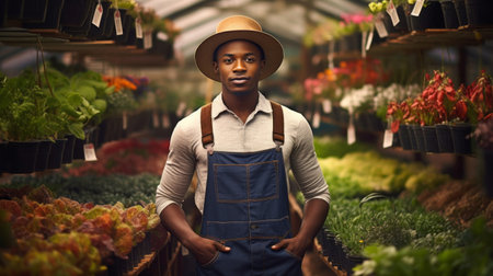 Portrait of young african male farmer or small business owner at plant nurseryの素材