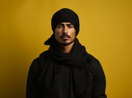 Studio portrait of religious man wearing arabian turban. Religion concept.の素材