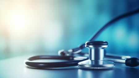 Stethoscope on a table for doctor checkup on health medical backgroundの素材