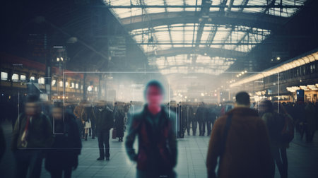 Crowd tracking by surveillance camera. Facial recognition and personal identificationの素材