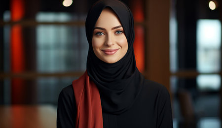 Portrait of muslim woman smiling. Wearing black hijab.Religion concept.の素材