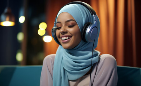 Portrait of young muslim woman smiling with headphones. Wearing hijab.Religion concept.の素材