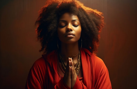 African American woman praying. Hands folded against backdrop. Religion Concept.の素材