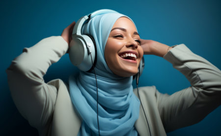 Happy muslim girl wearing headphones in studio portrait. Religion concept.の素材