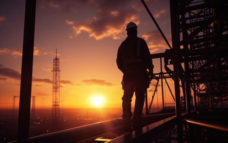 Silhouette of engineer on a construction site at sunset. Golden hour concept.の素材