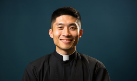 Portrait of asian priest smiling. Against backdrop. Religion concept.の素材
