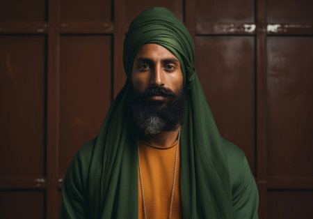 Sikh Indian man wearing traditional green turban. Studio portrait. Religion concept.の素材