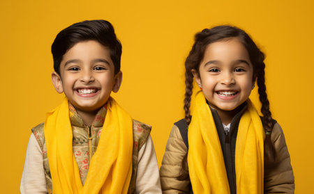 Studio portrait of two cute hindu kids. Against yellow backdrop. religion concept.の素材