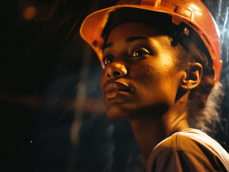 Editorial style portrait of woman construction worker. Women empowerment concept.の素材
